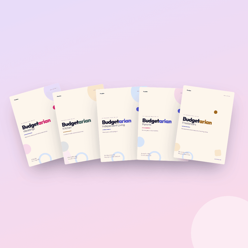 The covers of all five Budgetarian guides, fanned out.