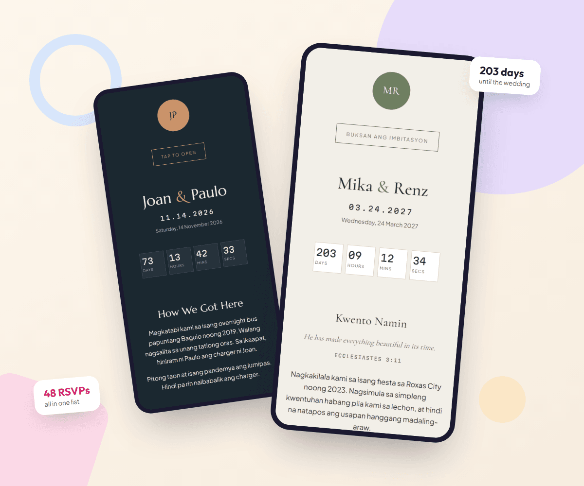 A wedding invitation website open on two phones, with a live countdown and an RSVP count.